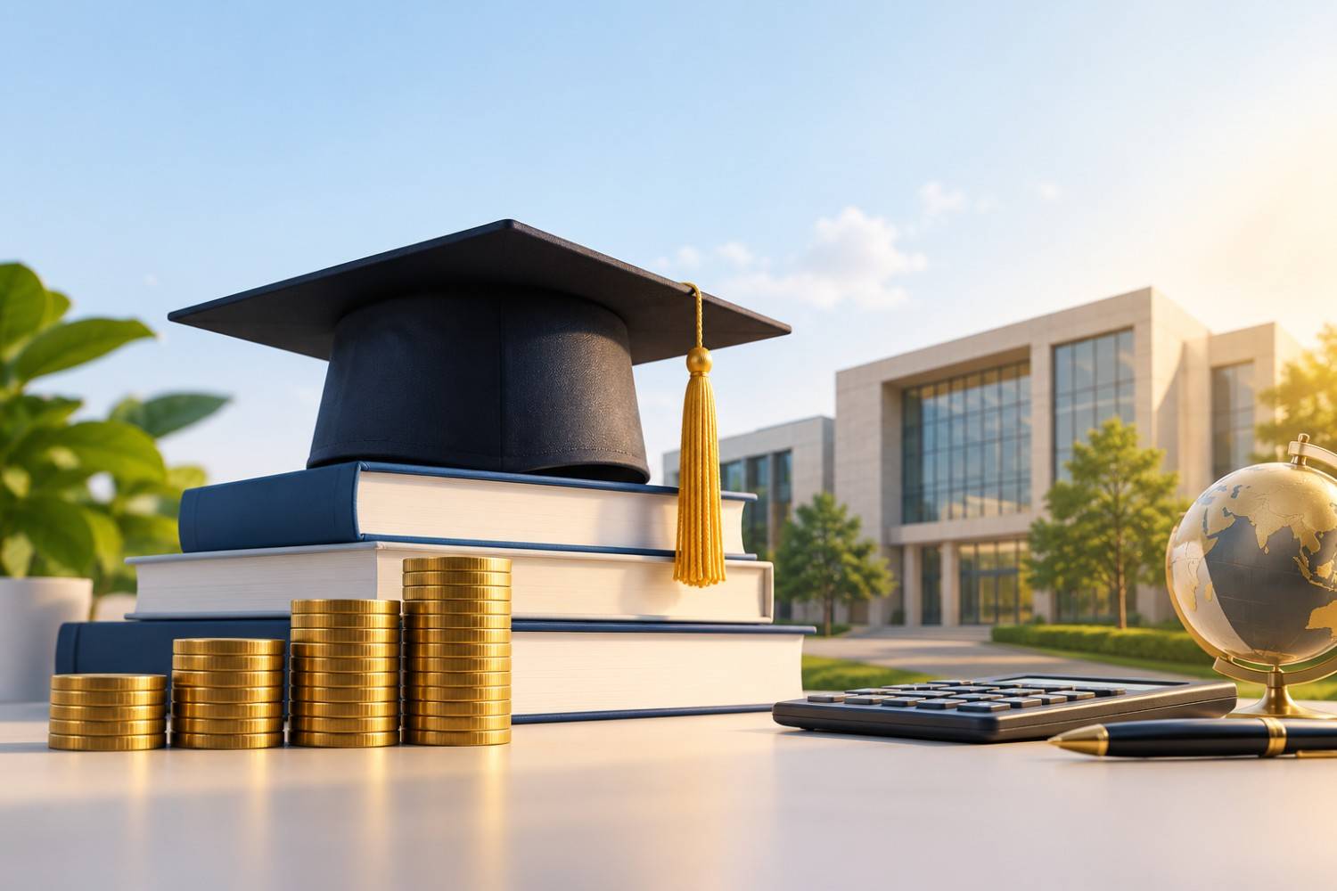 Graduation cap, stacked books, gold coins, calculator and globe placed in front of a modern business school campus, representing BITSoM MBA fees and education costs.